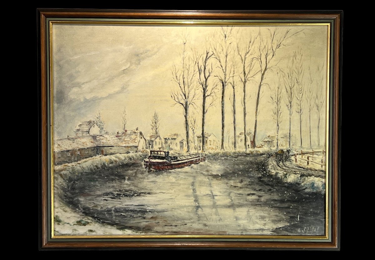 Old XX Th Century Painting / Painting By "jean Catala" (canal De L Ourcq)-photo-2