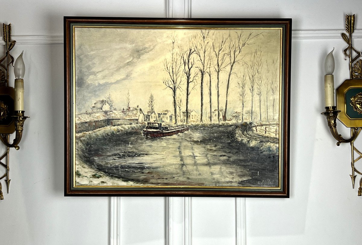 Old XX Th Century Painting / Painting By "jean Catala" (canal De L Ourcq)-photo-3