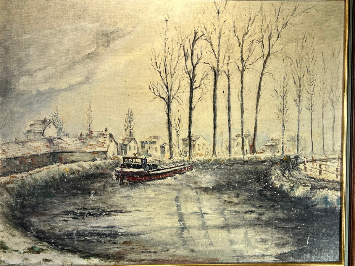 TABLEAU / PEINTURE ANCIENNE DU XX eme DE " JEAN CATALA " ( CANAL DE L OURCQ )-photo-2