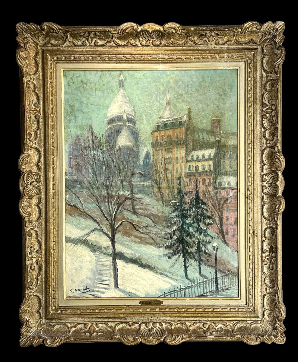 Huile Sur Toile Signée G. Regnault ( 1898-1979 ) Le Sacré Coeur Sous La Neige-photo-3