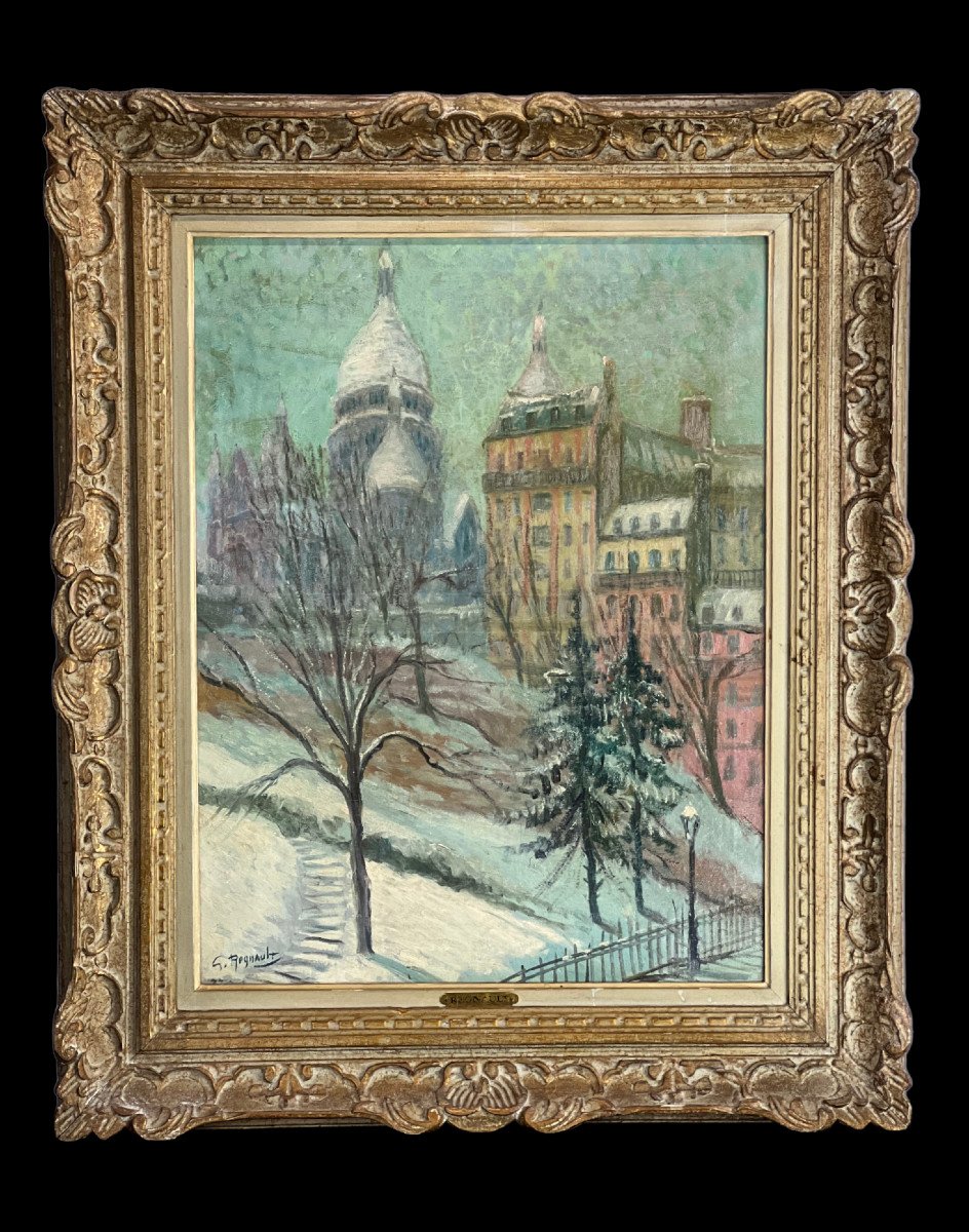 Huile Sur Toile Signée G. Regnault ( 1898-1979 ) Le Sacré Coeur Sous La Neige