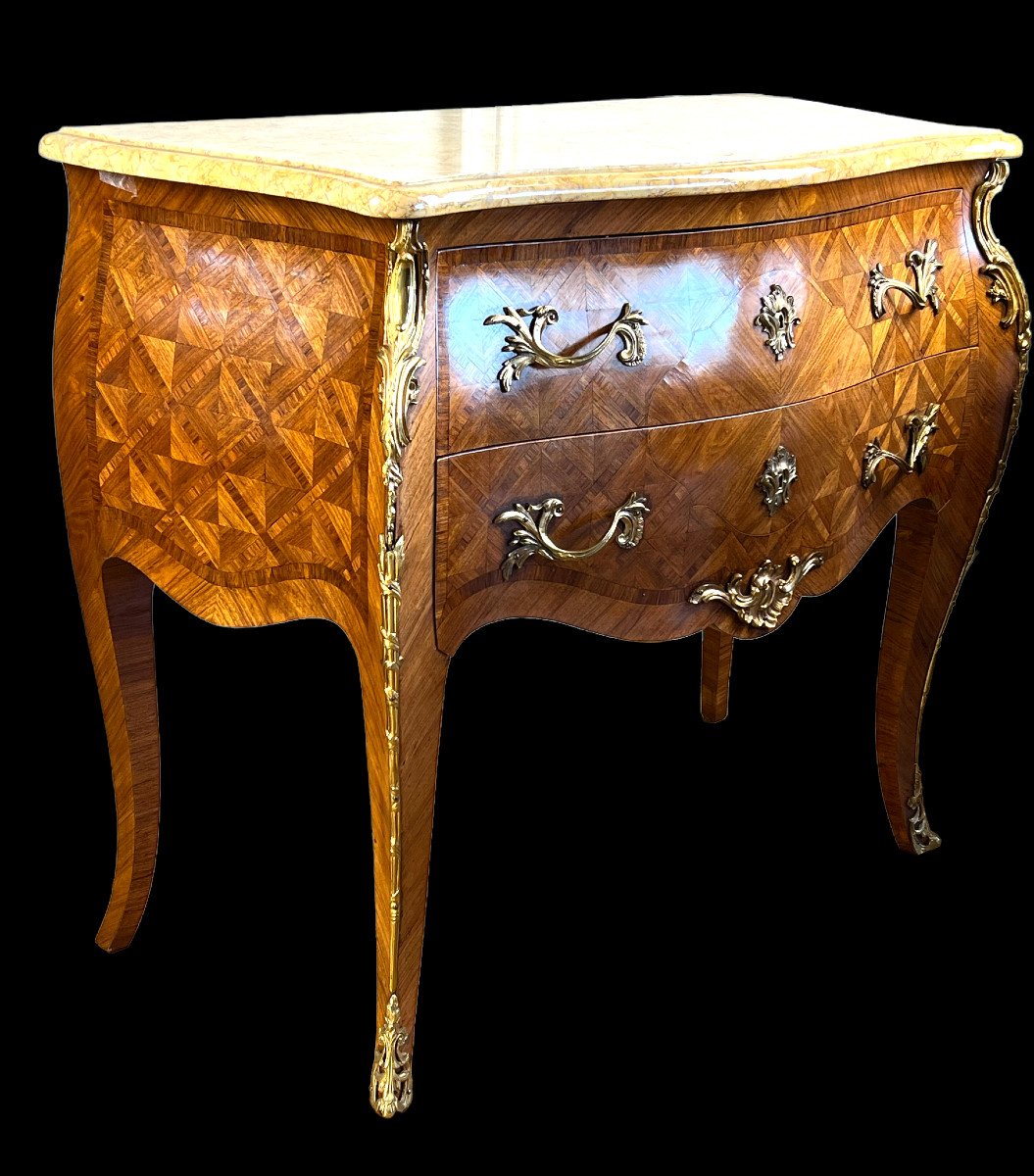 Curved Commode Stamped In Marquetry With A Louis XV Style Marble Top-photo-3