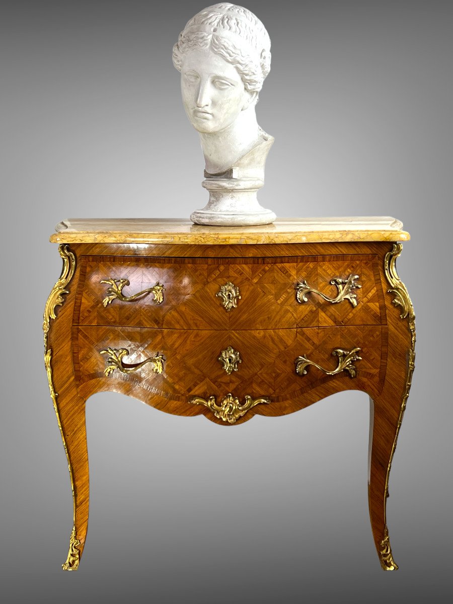 Curved Commode Stamped In Marquetry With A Louis XV Style Marble Top-photo-4