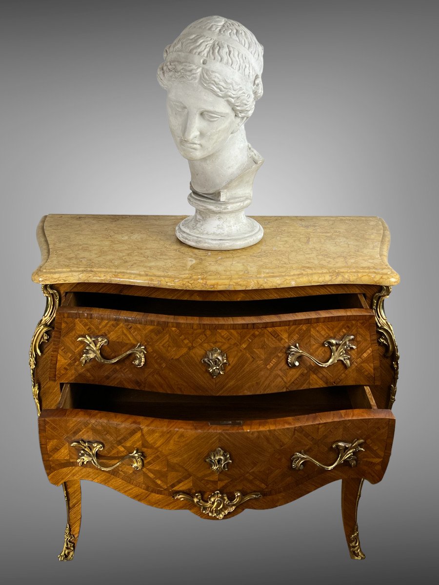 Curved Commode Stamped In Marquetry With A Louis XV Style Marble Top-photo-2
