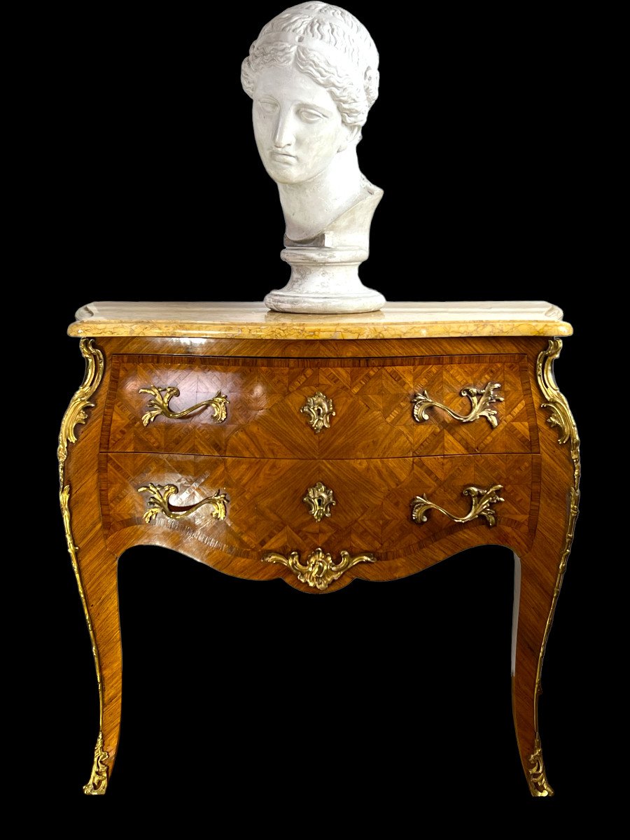 Curved Commode Stamped In Marquetry With A Louis XV Style Marble Top