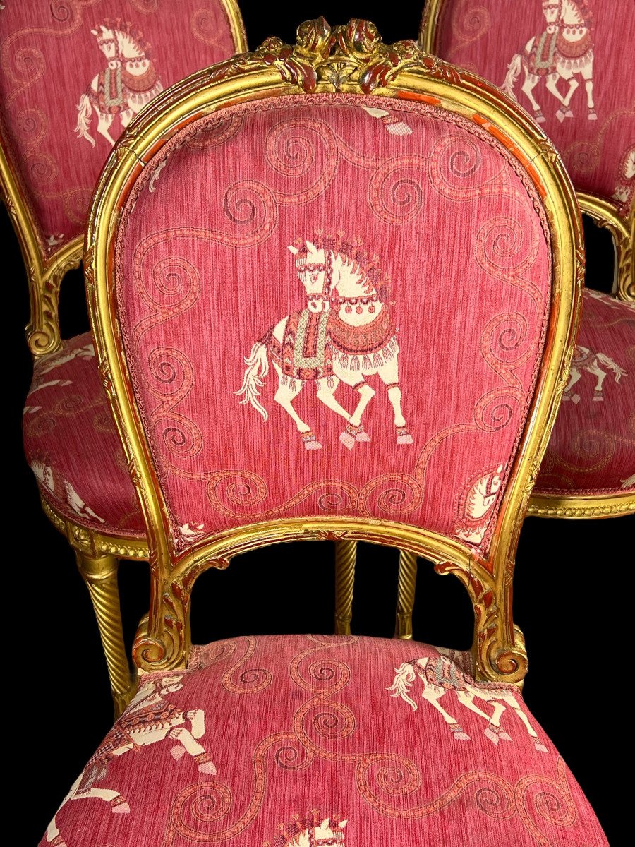 Series Of 5 Upholstered Chairs From The Nineteenth Style Louis XVI In Golden And Carved Wood-photo-5