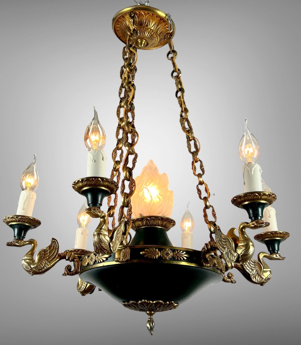 Old Empire Style Chandelier In Bronze Decorated With Swans With 7 Lights Of 66 Cm-photo-2