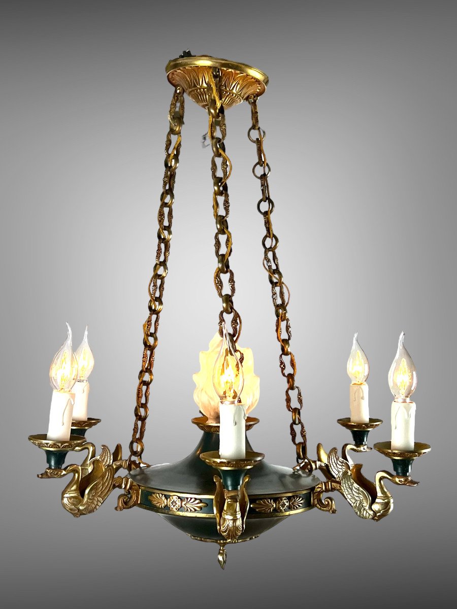 Old Empire Style Chandelier In Bronze Decorated With Swans With 7 Lights Of 66 Cm-photo-4