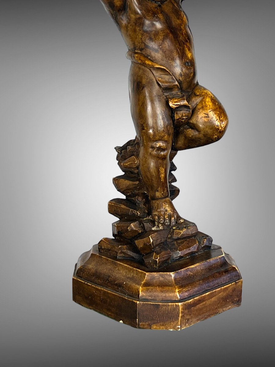 Old Statue In Terracotta Imitation Wood With Decor Of Putto Standing 49 Cm-photo-7