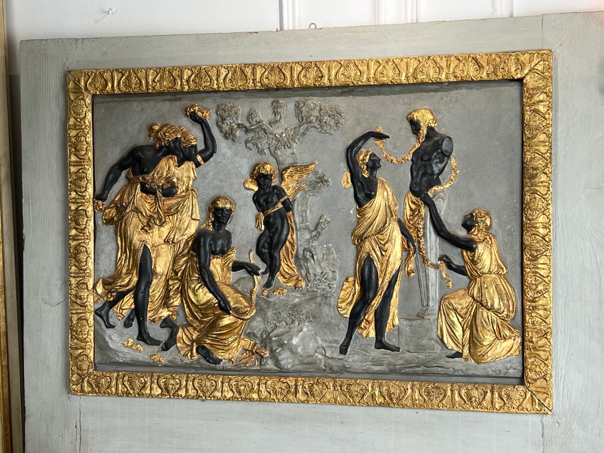 TRUMEAU DÉBUT XIXe " BAS RELIEF EN TERRE CUITE REPRESENTANT UNE SCÈNE ÉGYPTIENNE-photo-4