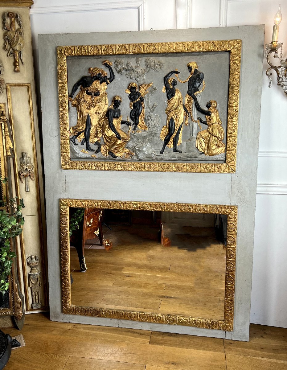 TRUMEAU DÉBUT XIXe " BAS RELIEF EN TERRE CUITE REPRESENTANT UNE SCÈNE ÉGYPTIENNE-photo-7