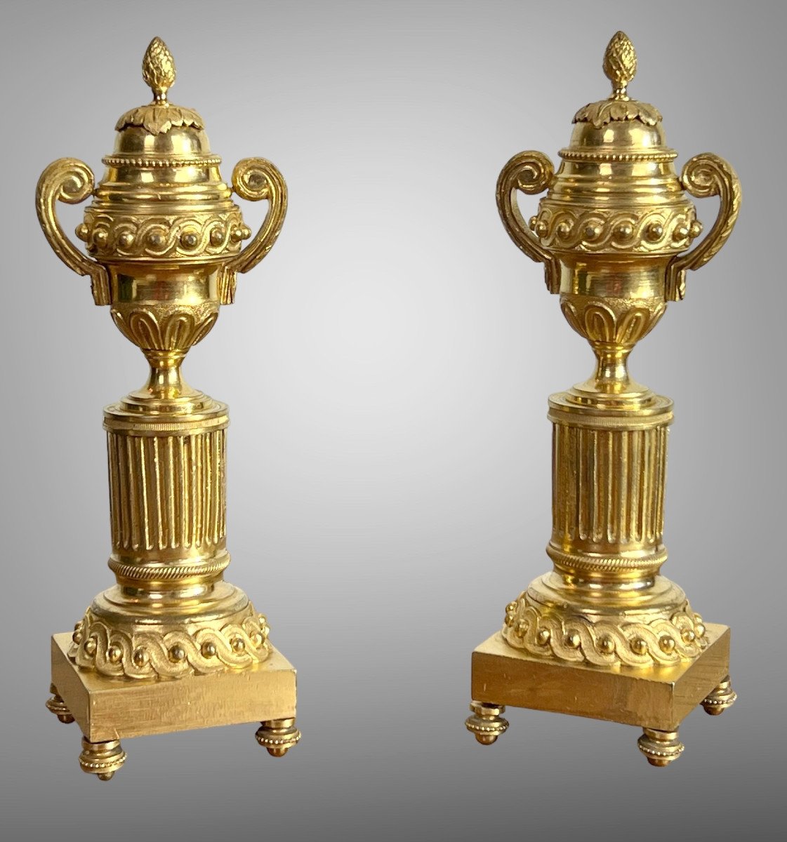 Pair Of Cassolettes / Candlesticks Eighteenth Louis XVI Period In Gilt Bronze-photo-2