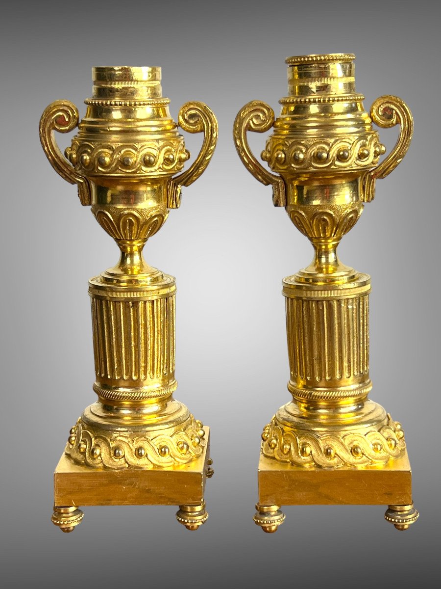 Pair Of Cassolettes / Candlesticks Eighteenth Louis XVI Period In Gilt Bronze-photo-4