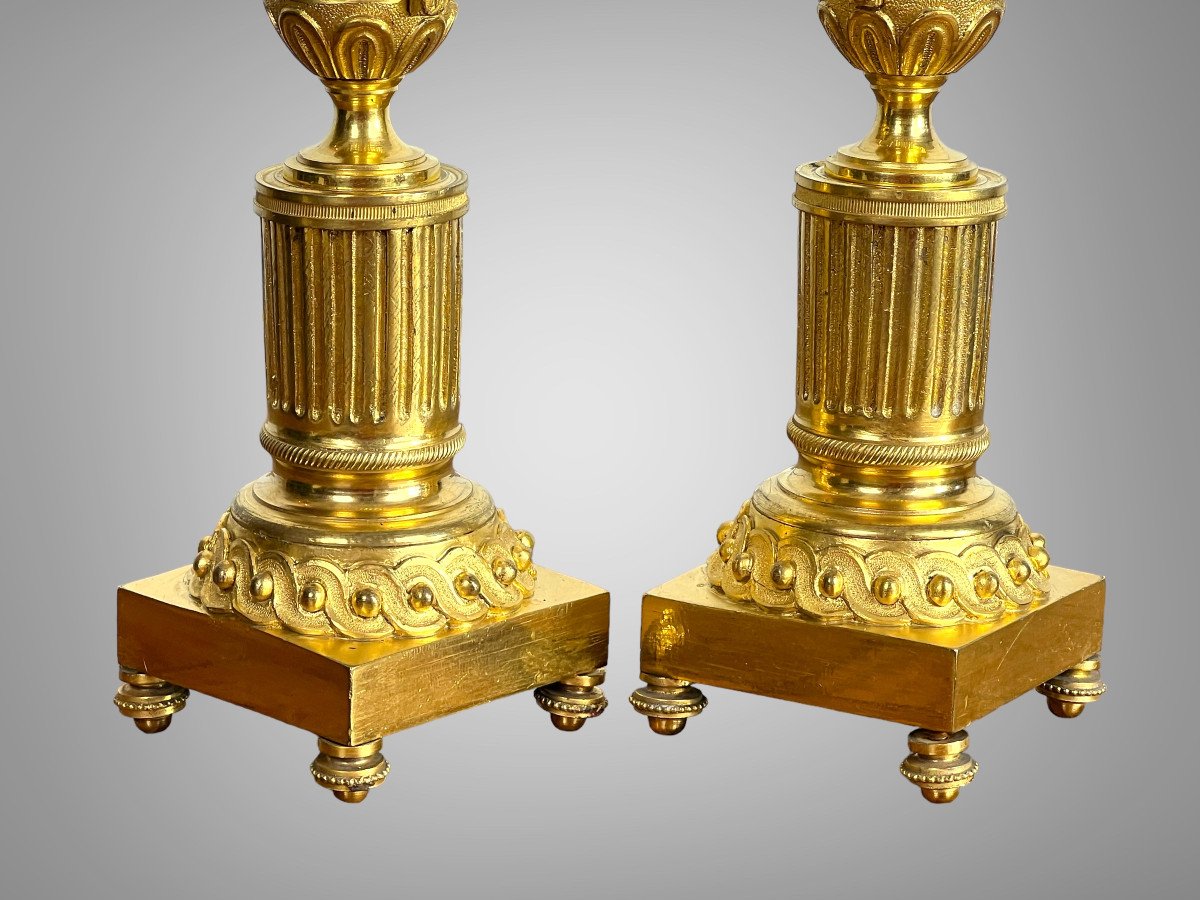 Pair Of Cassolettes / Candlesticks Eighteenth Louis XVI Period In Gilt Bronze-photo-1