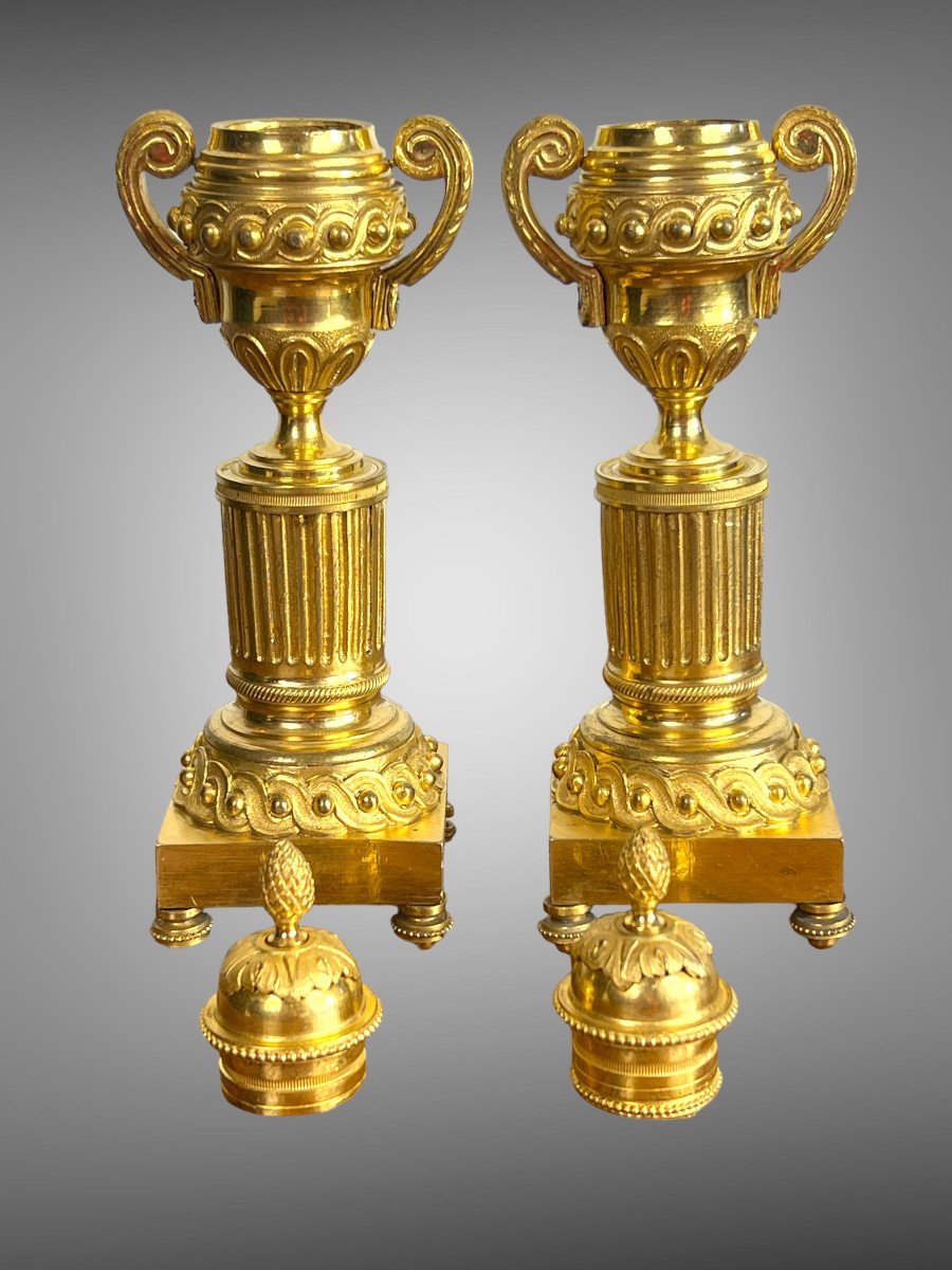 Pair Of Cassolettes / Candlesticks Eighteenth Louis XVI Period In Gilt Bronze-photo-3