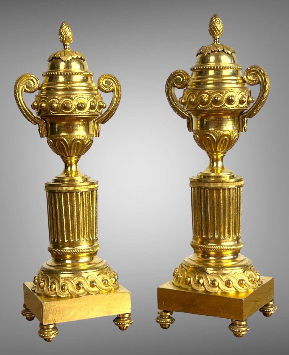 Pair Of Cassolettes / Candlesticks Eighteenth Louis XVI Period In Gilt Bronze
