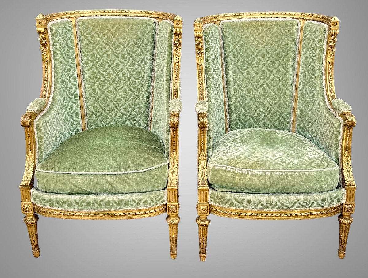 Pair Of Napoleon III Bergeres In Golden And Carved Wood Louis XVI Style-photo-3