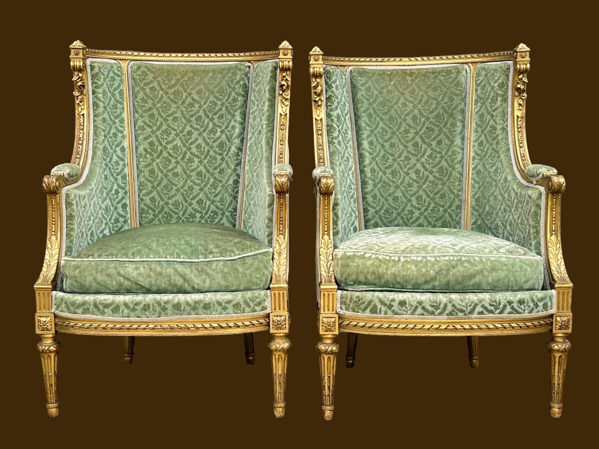 Pair Of Napoleon III Bergeres In Golden And Carved Wood Louis XVI Style-photo-2