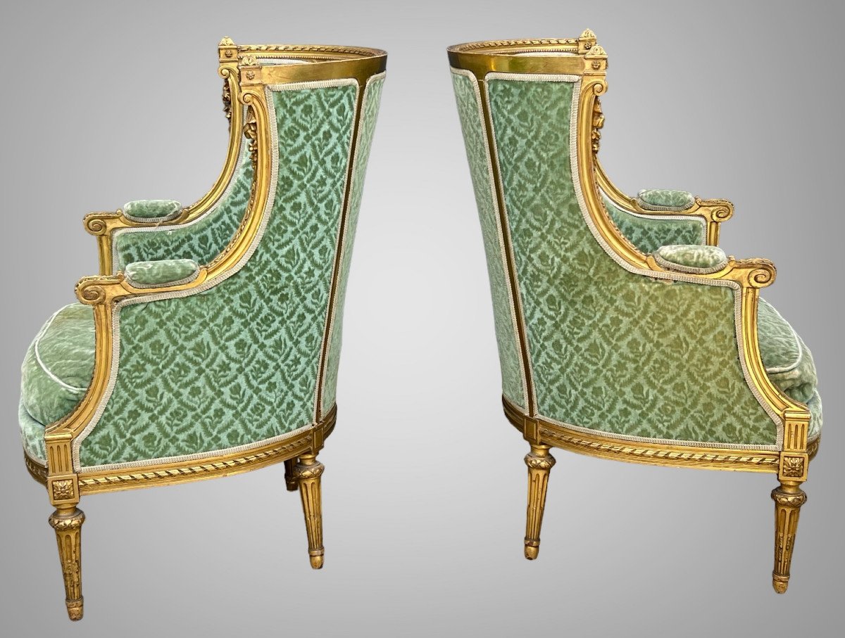 Pair Of Napoleon III Bergeres In Golden And Carved Wood Louis XVI Style-photo-1