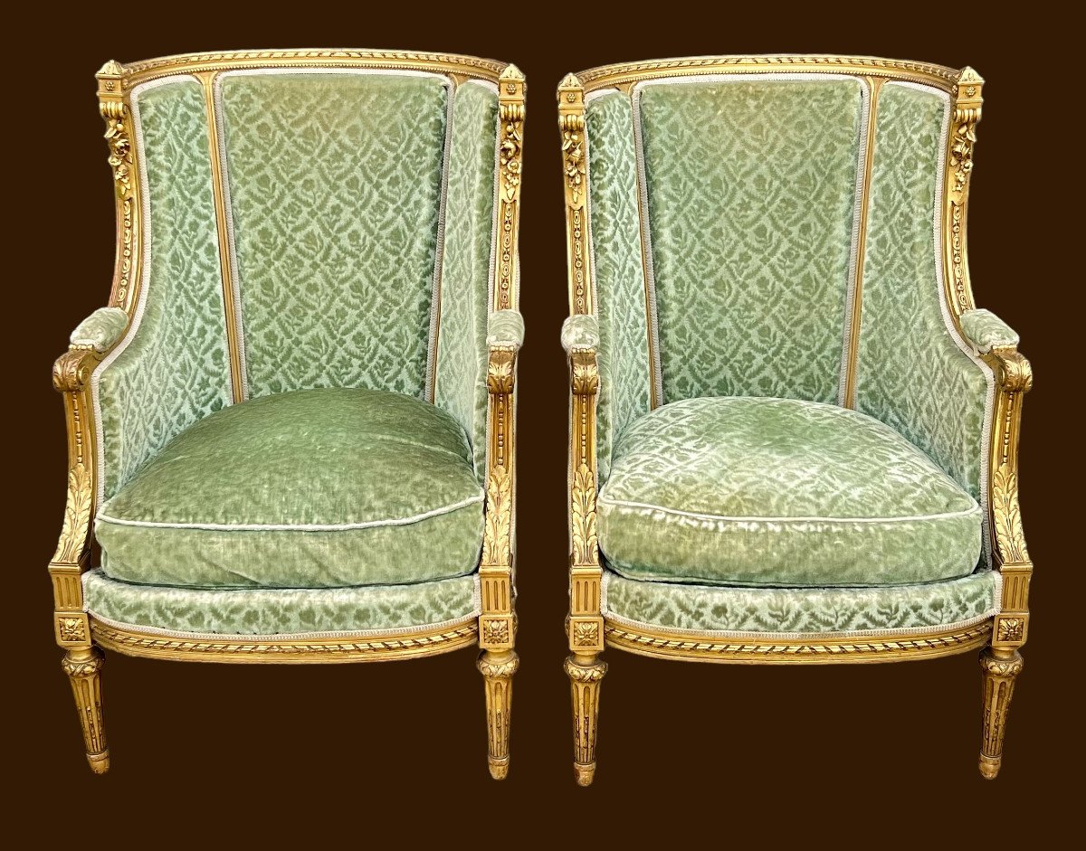 Pair Of Napoleon III Bergeres In Golden And Carved Wood Louis XVI Style-photo-5