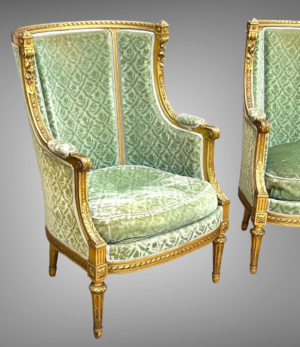 Pair Of Napoleon III Bergeres In Golden And Carved Wood Louis XVI Style-photo-8
