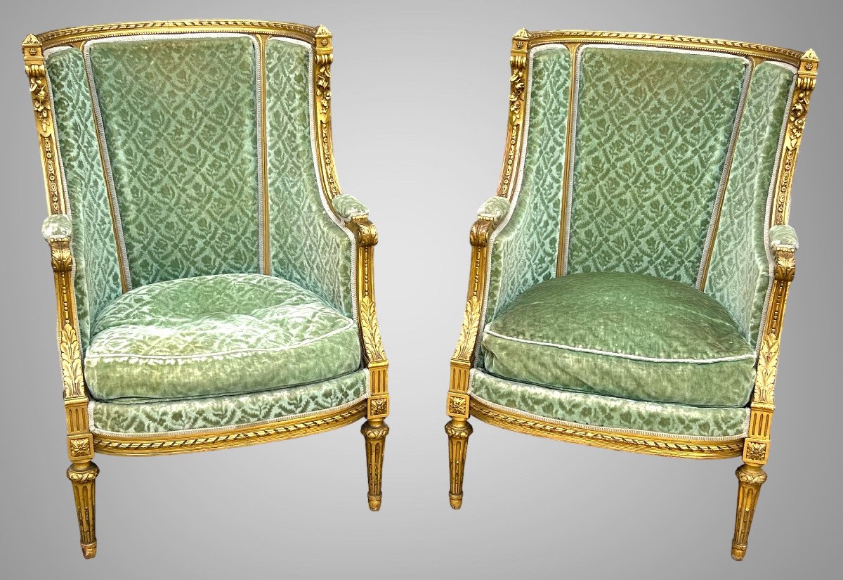 Pair Of Napoleon III Bergeres In Golden And Carved Wood Louis XVI Style