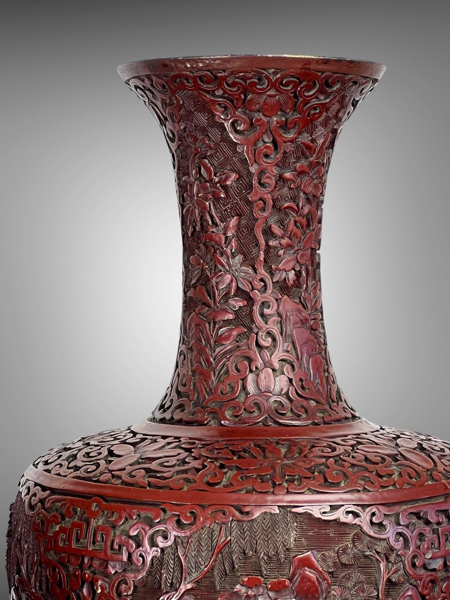 Pair Of Old Nineteenth Vases In Red Cinnabar Lacquer Decorated With Characters-photo-4