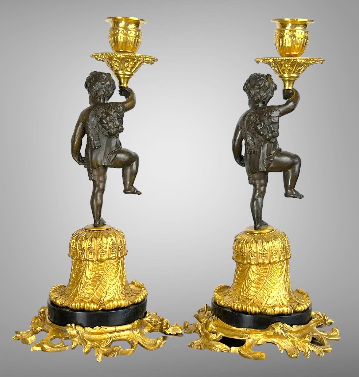 Pair Of Bronze Candelabras With Brown And Golden Patina With Cherb Decor From The 19th C.-photo-2