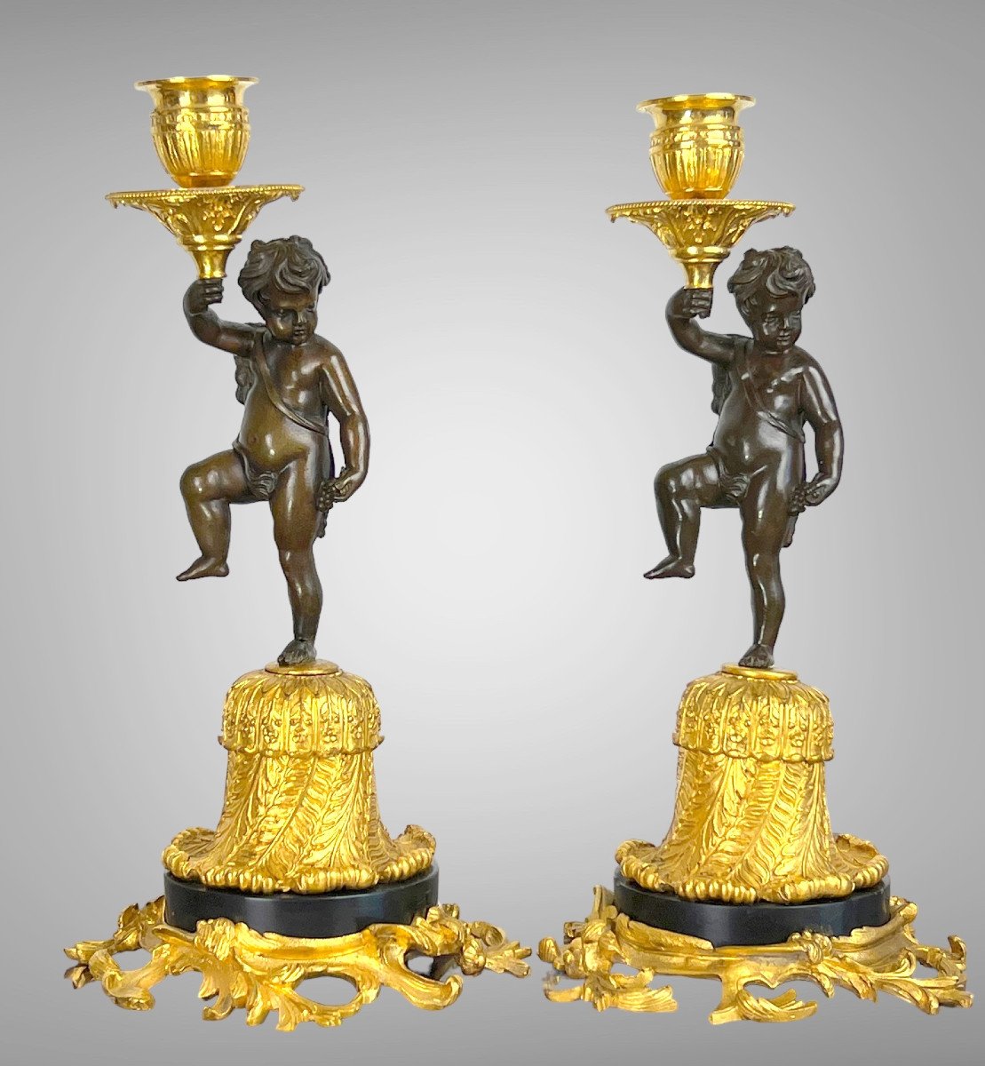 Pair Of Bronze Candelabras With Brown And Golden Patina With Cherb Decor From The 19th C.-photo-3