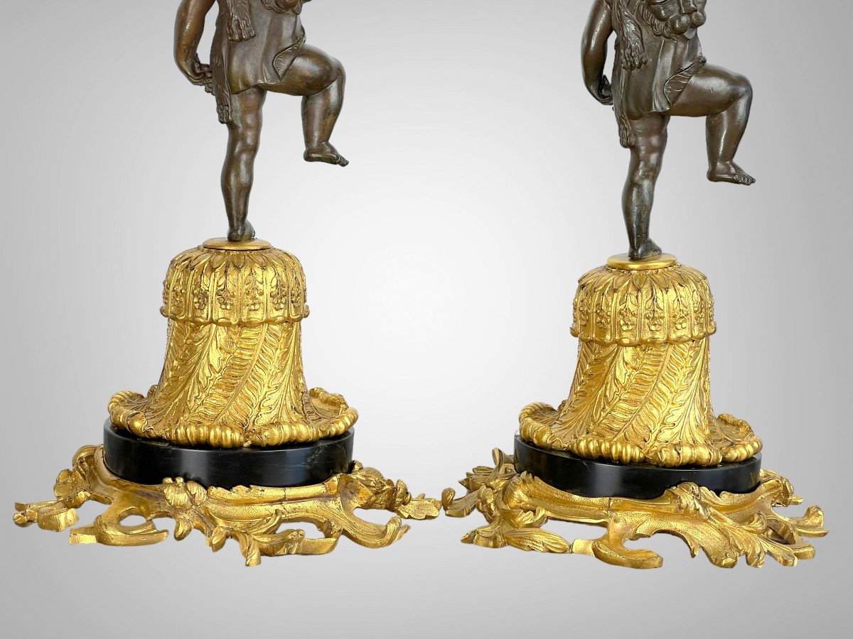 Pair Of Bronze Candelabras With Brown And Golden Patina With Cherb Decor From The 19th C.-photo-4