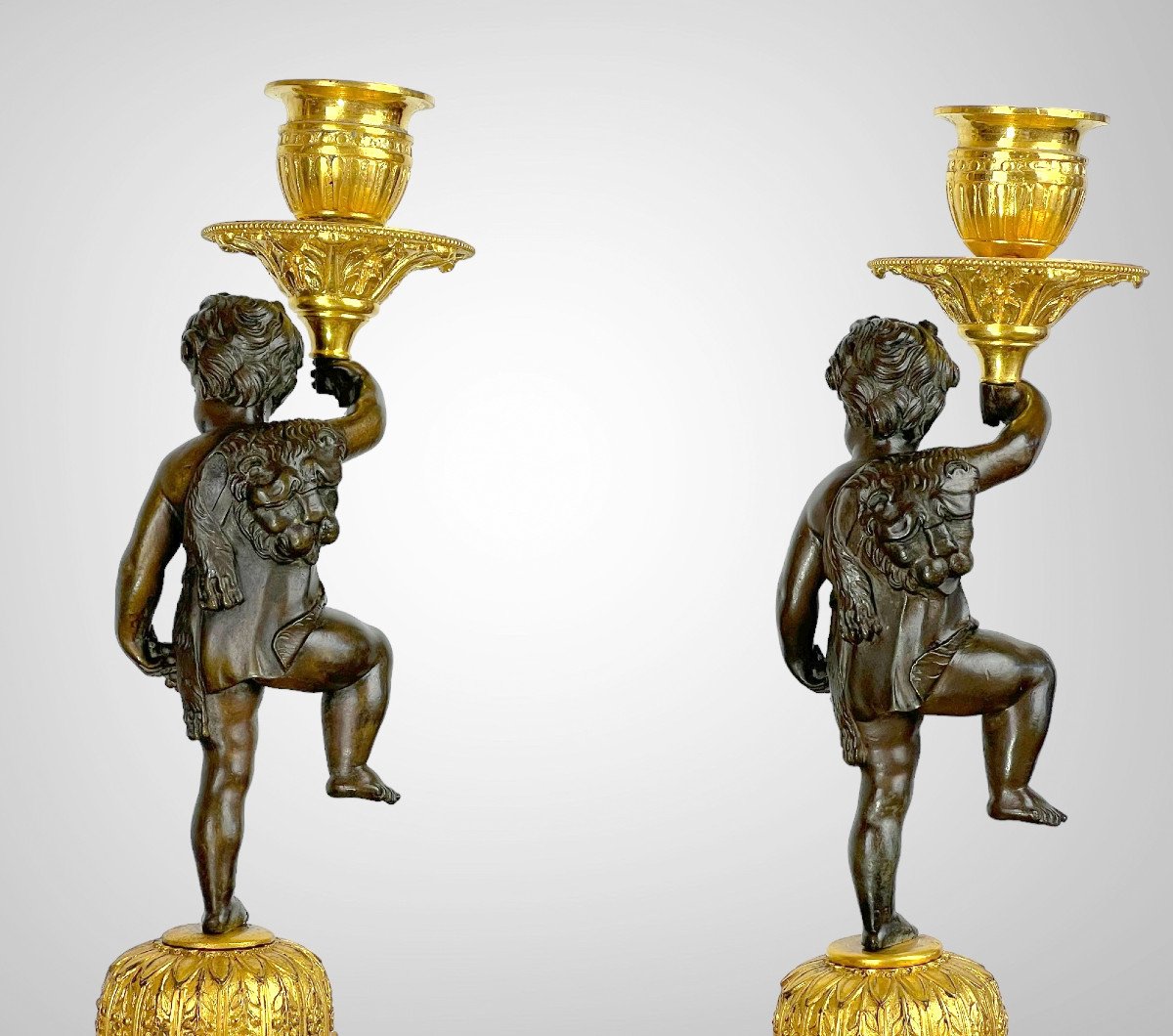 Pair Of Bronze Candelabras With Brown And Golden Patina With Cherb Decor From The 19th C.-photo-2