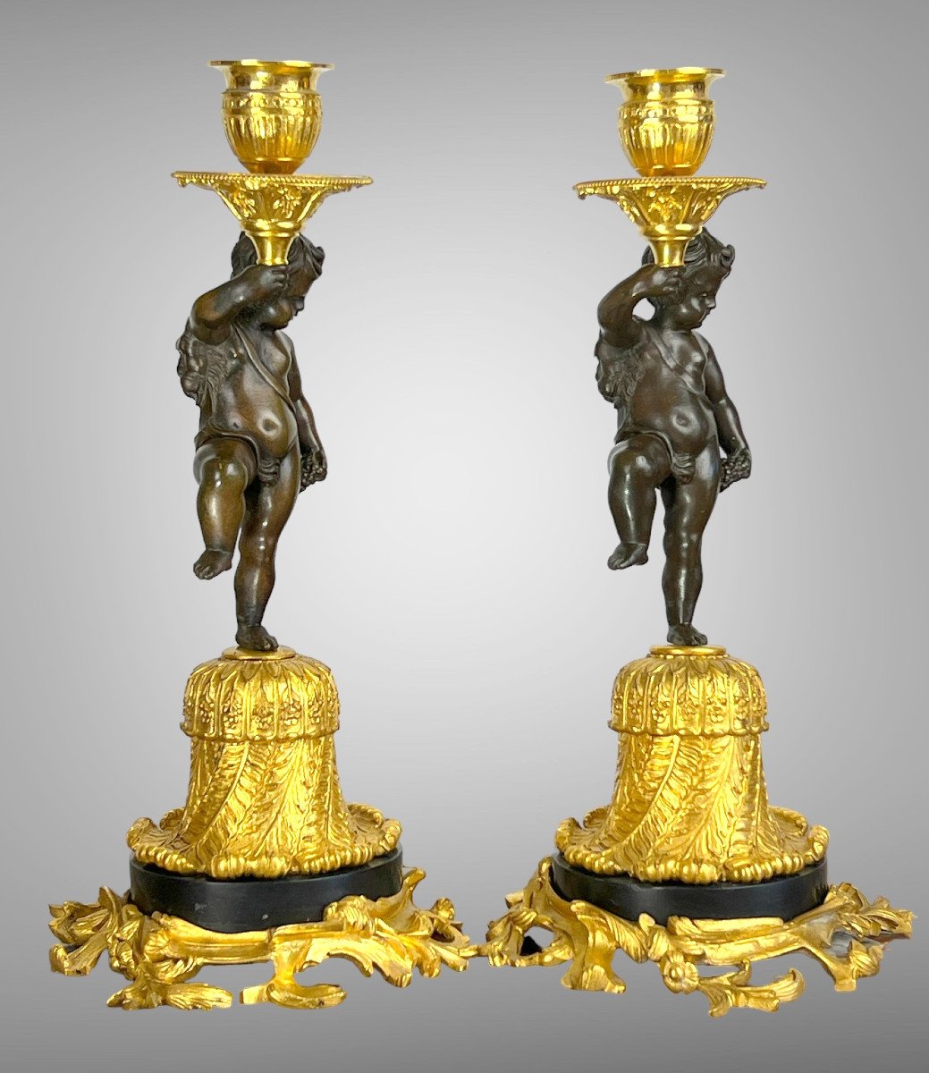 Pair Of Bronze Candelabras With Brown And Golden Patina With Cherb Decor From The 19th C.-photo-3