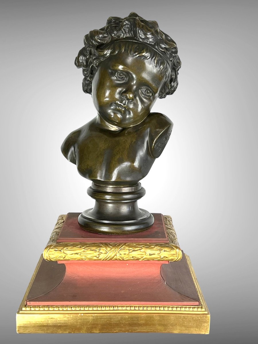Old Bronze With Brown Patina Signed By Raboulet 1875 "portrait Of Child"-photo-2