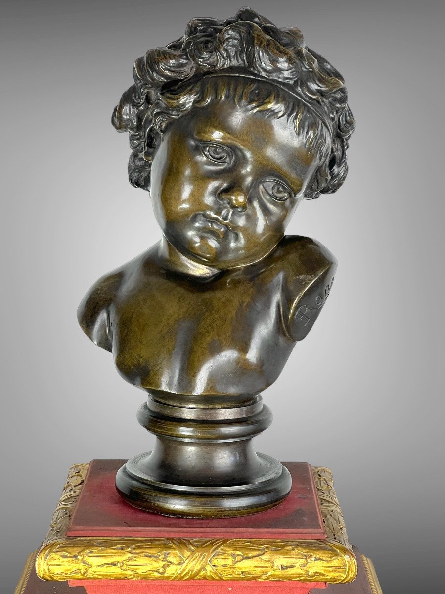 Old Bronze With Brown Patina Signed By Raboulet 1875 "portrait Of Child"