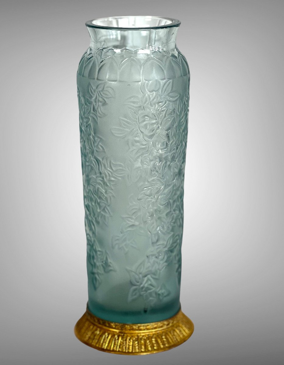 Vase Signé A La Pointe Lalique France En Cristal Bleu Pâle Moulé Et Pressé-photo-2