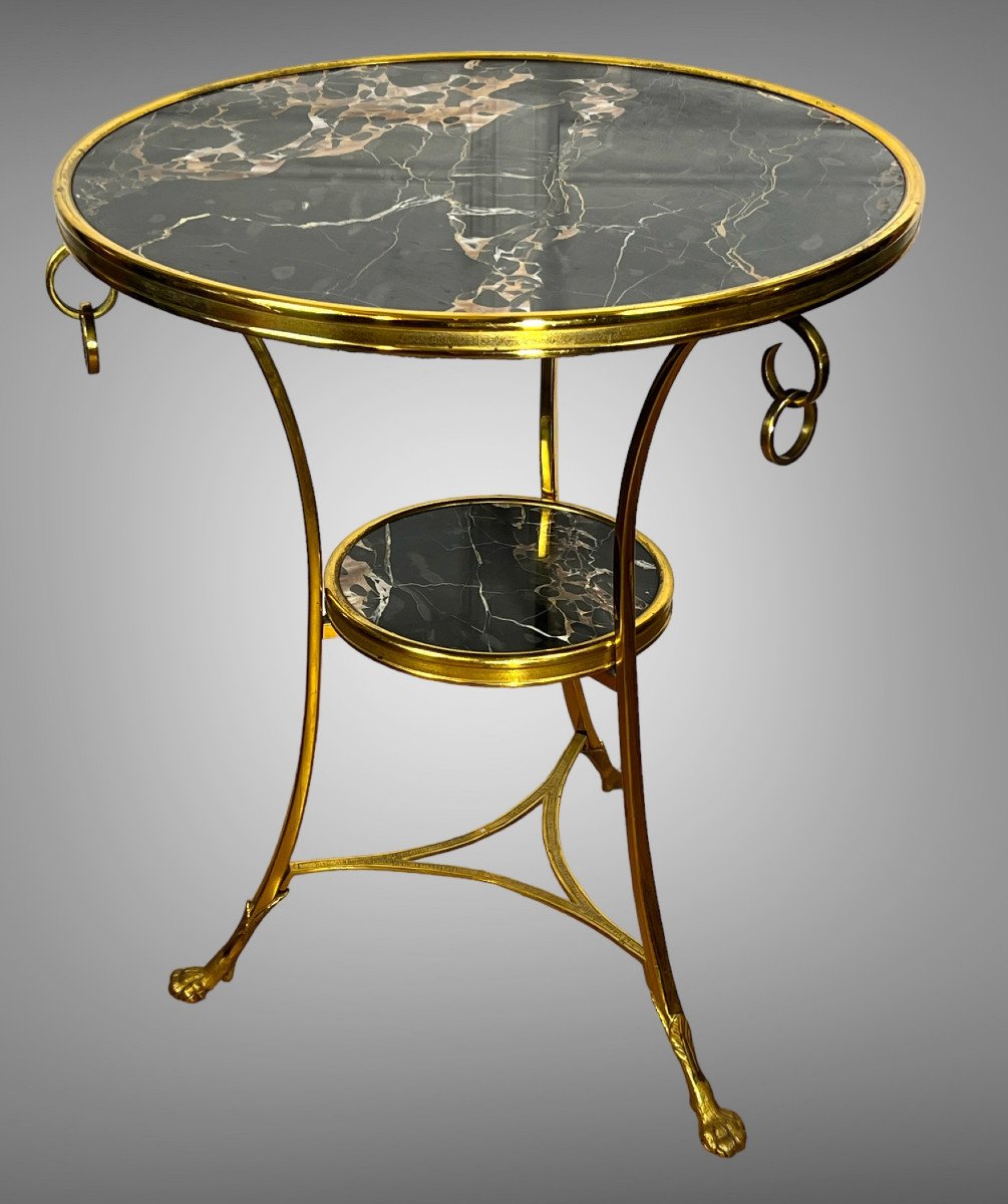 Tripod Pedestal Table With Gilt Bronze Frame Covered With Portor Marble-photo-2