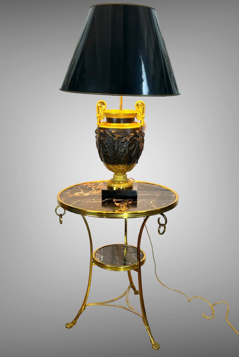 Tripod Pedestal Table With Gilt Bronze Frame Covered With Portor Marble-photo-4