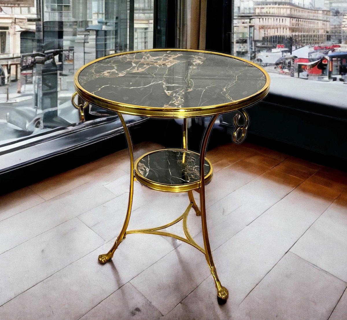 Tripod Pedestal Table With Gilt Bronze Frame Covered With Portor Marble-photo-1
