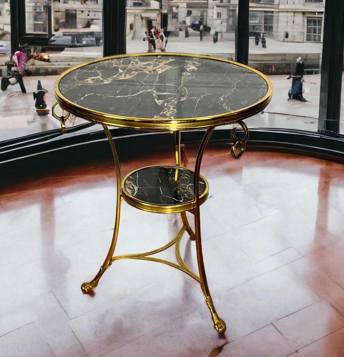 Tripod Pedestal Table With Gilt Bronze Frame Covered With Portor Marble-photo-4