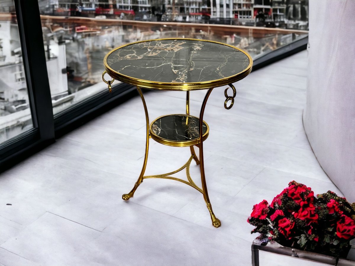 Tripod Pedestal Table With Gilt Bronze Frame Covered With Portor Marble-photo-7