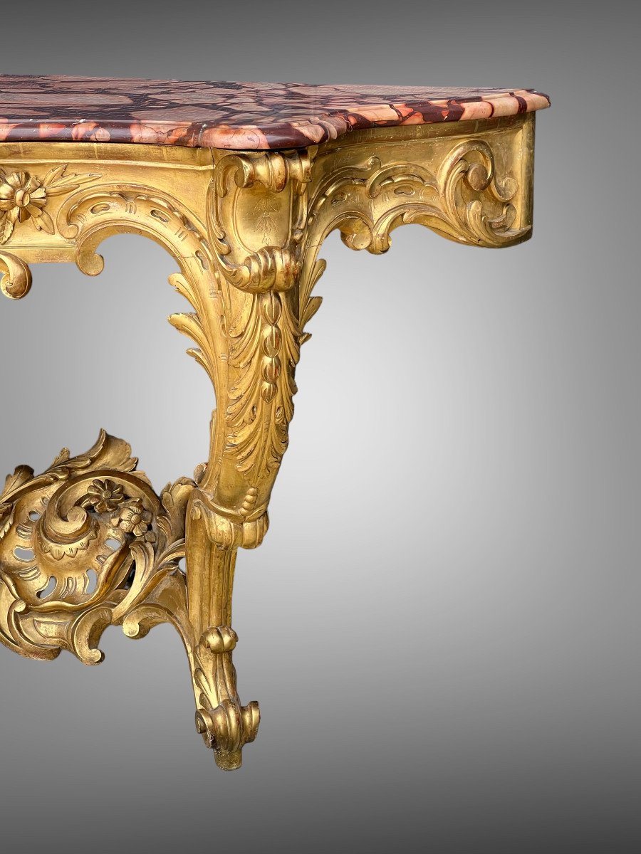 Console époque XIXe En Bois Doré Et Sculpté Avec Un Dessus Marbre Rouge Veiné-photo-8