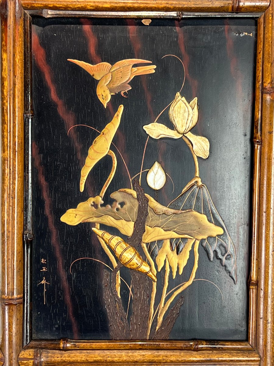 Panneau Ancien Du XIXe En Laque Decor De Fleurs Et D Oiseaux Cadre En Bambou N°1-photo-3