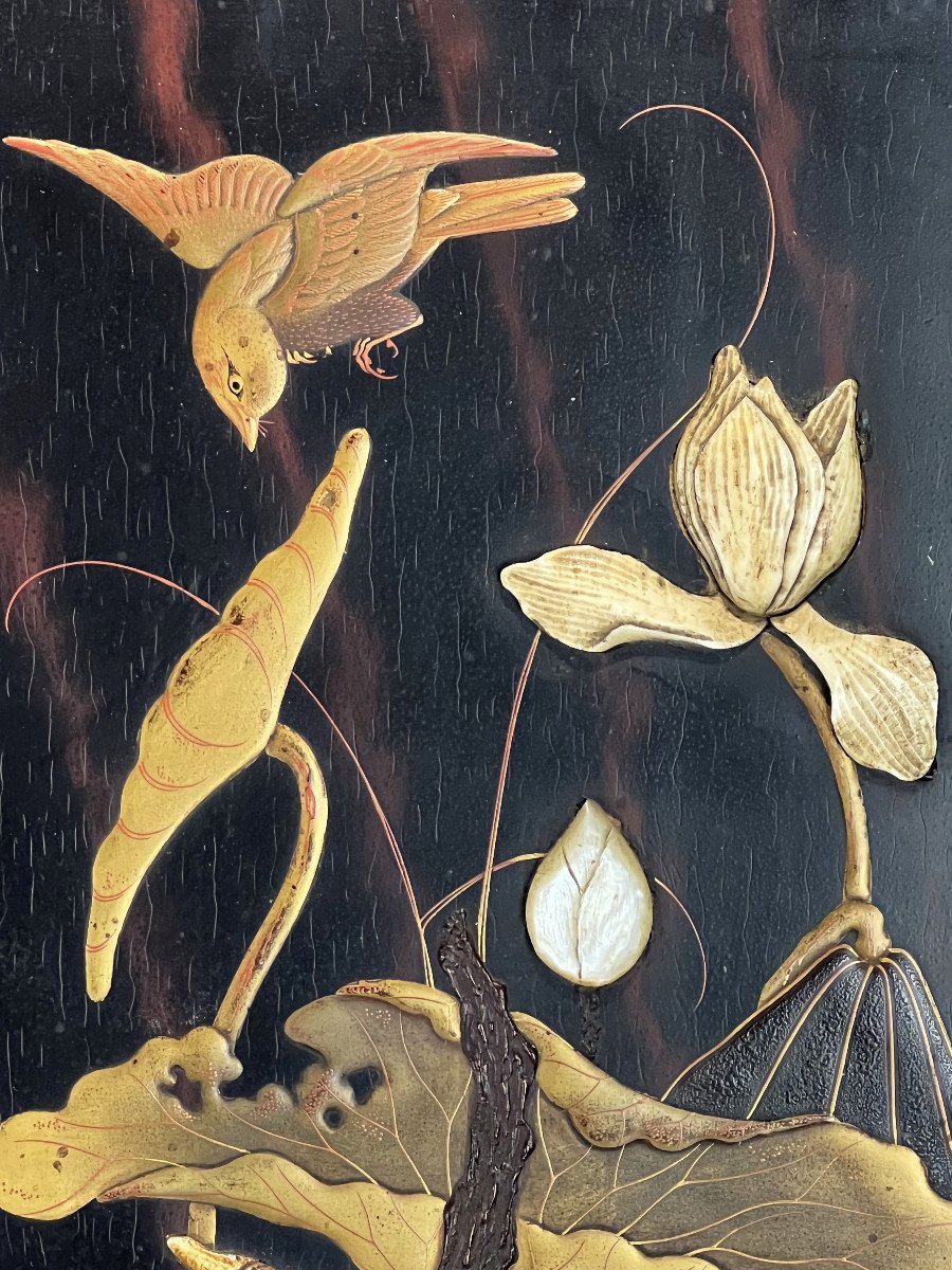 Panneau Ancien Du XIXe En Laque Decor De Fleurs Et D Oiseaux Cadre En Bambou N°1-photo-4