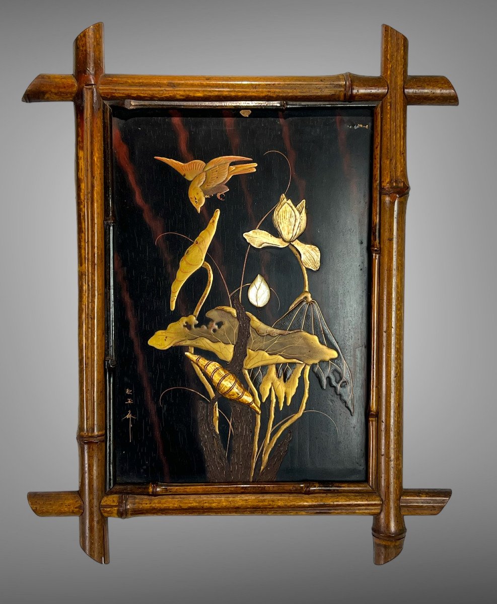 Panneau Ancien Du XIXe En Laque Decor De Fleurs Et D Oiseaux Cadre En Bambou N°1