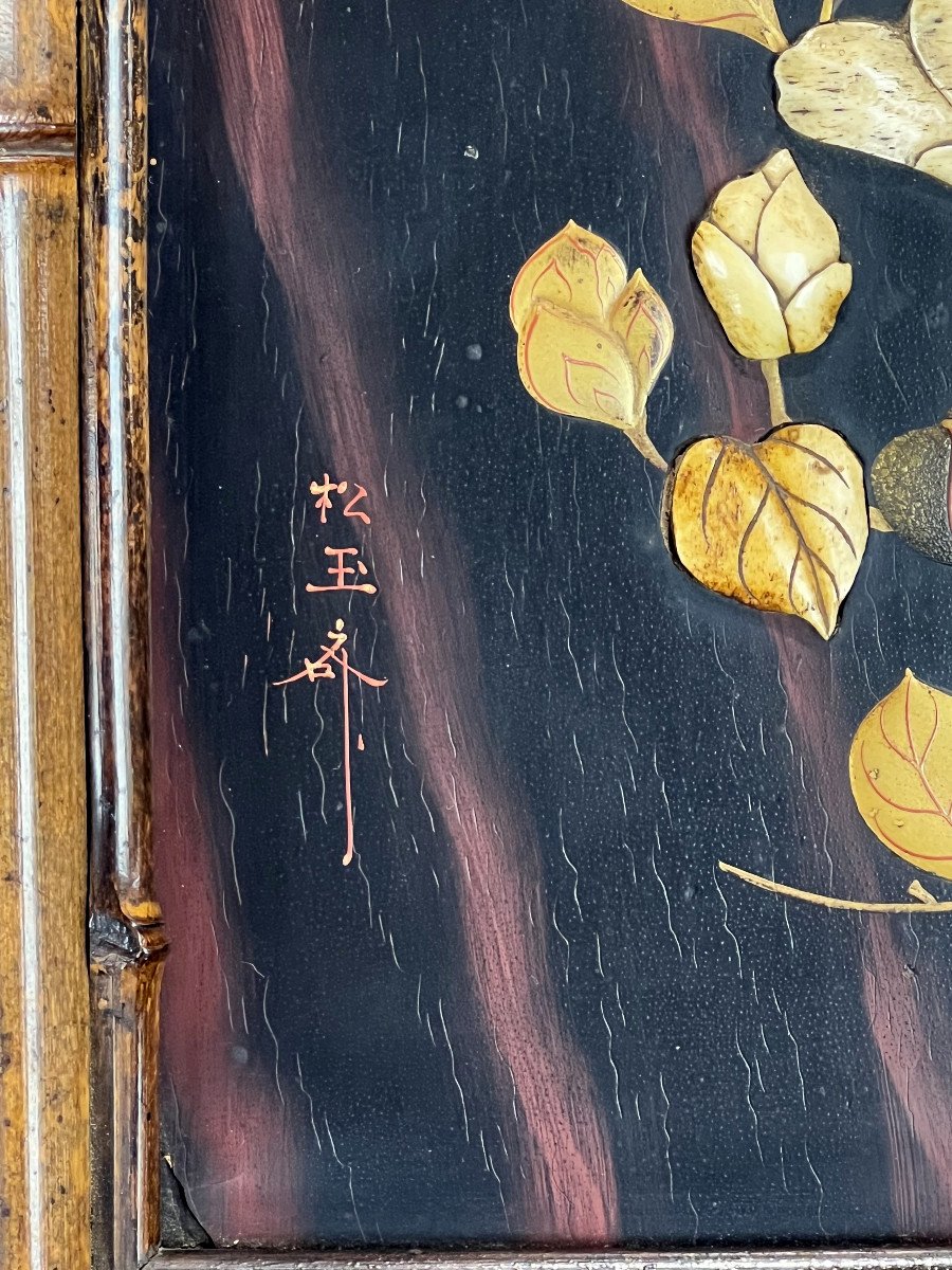 Panneau Ancien Du XIXe En Laque Decor De Fleurs Et D Oiseaux Cadre En Bambou N°4-photo-1