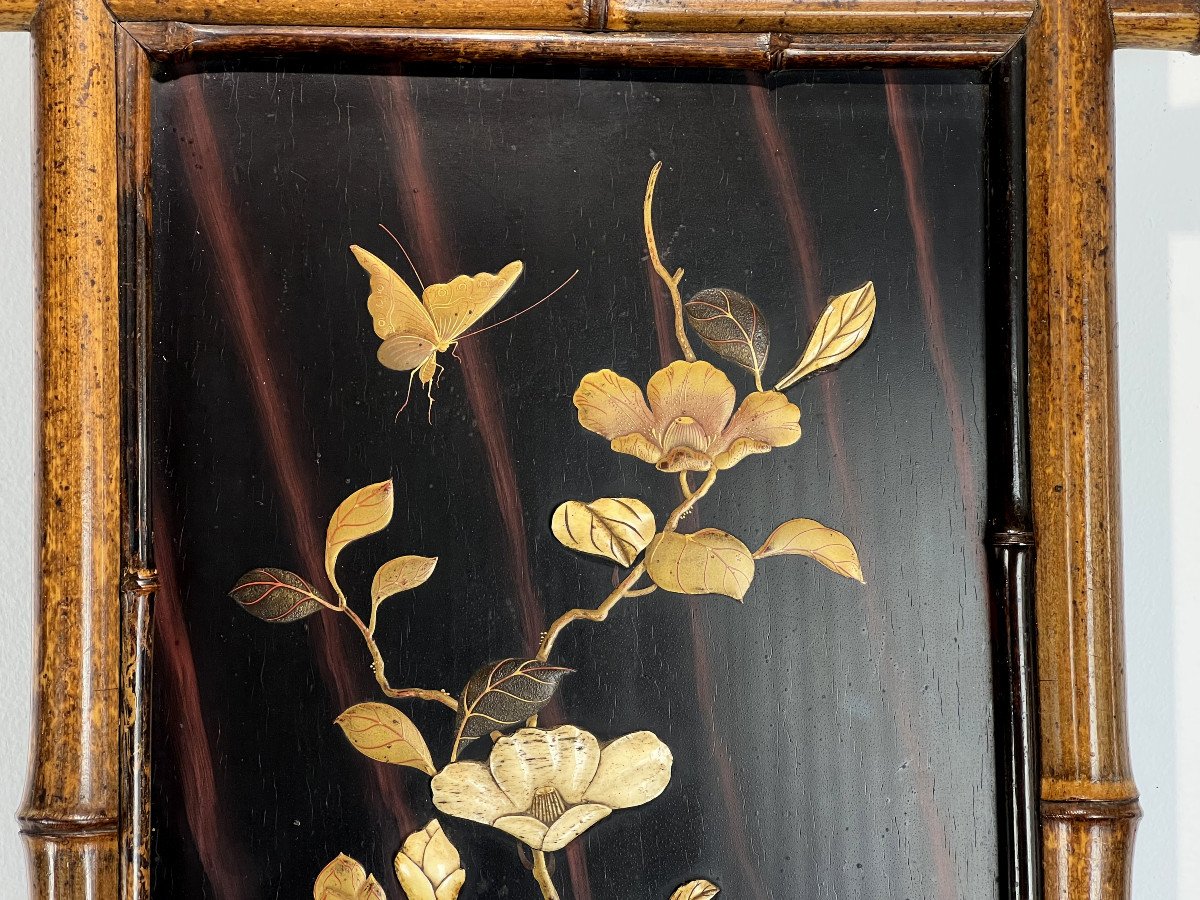 Panneau Ancien Du XIXe En Laque Decor De Fleurs Et D Oiseaux Cadre En Bambou N°4-photo-2