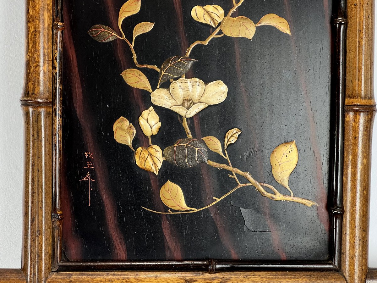 Panneau Ancien Du XIXe En Laque Decor De Fleurs Et D Oiseaux Cadre En Bambou N°4-photo-3