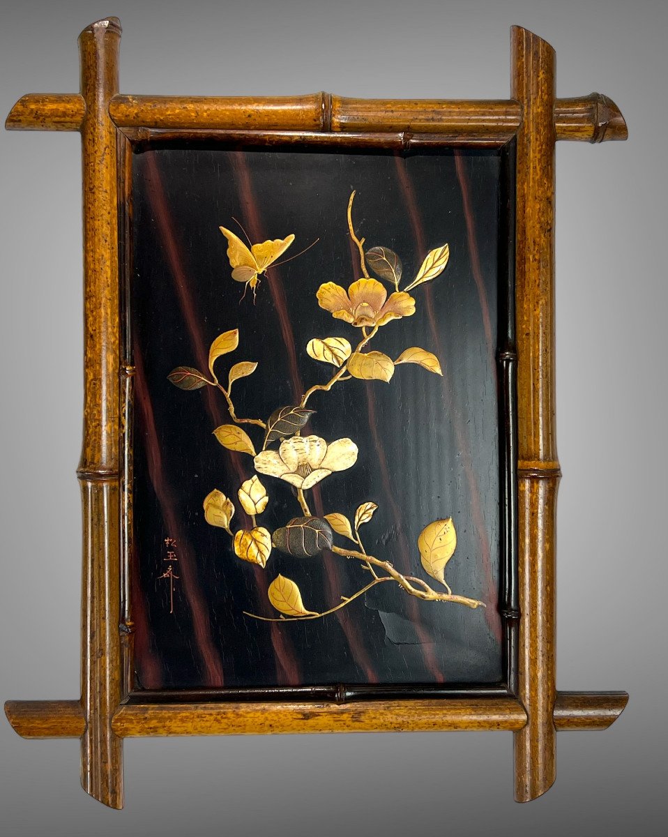 Panneau Ancien Du XIXe En Laque Decor De Fleurs Et D Oiseaux Cadre En Bambou N°4-photo-4