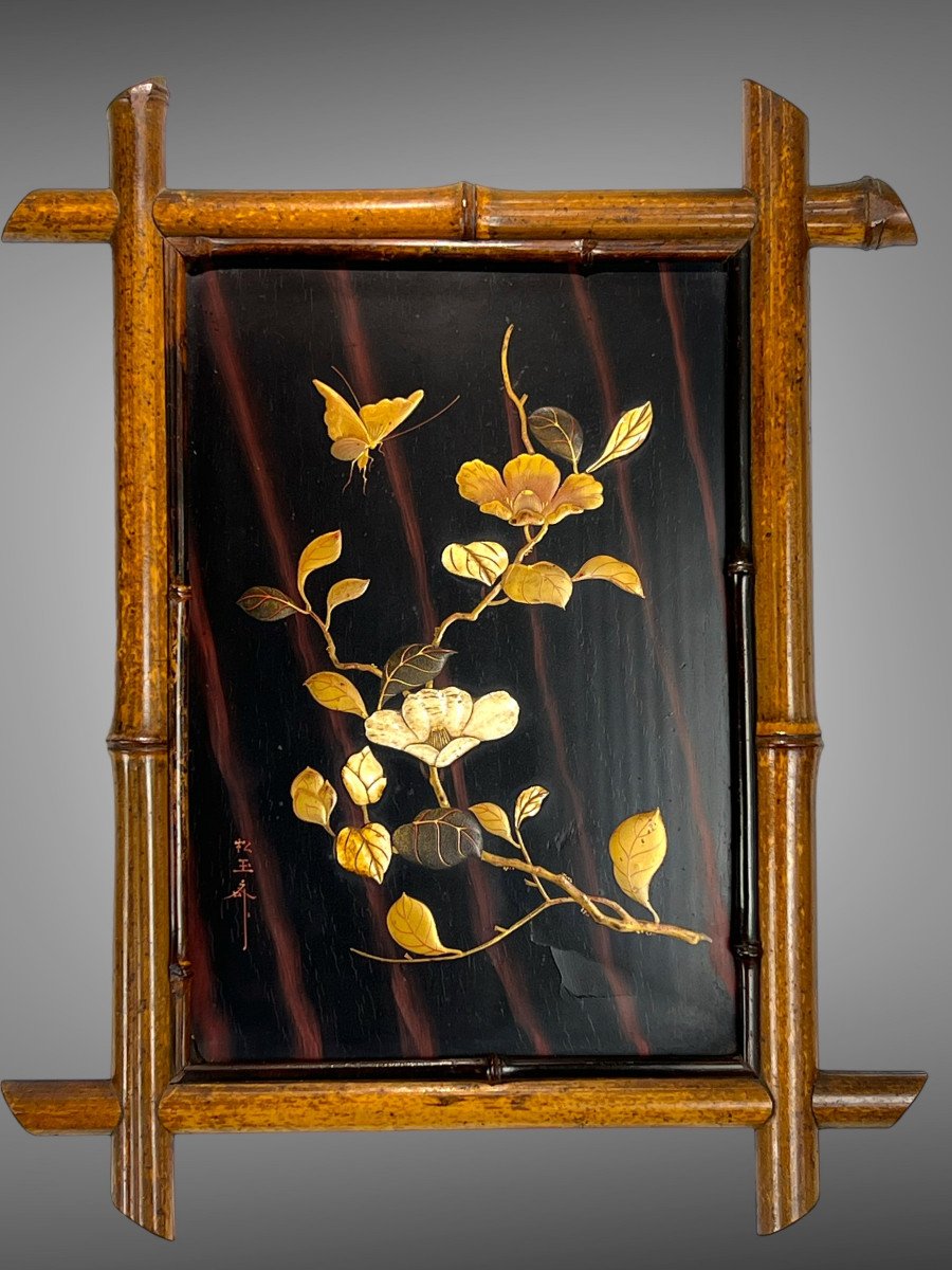 Panneau Ancien Du XIXe En Laque Decor De Fleurs Et D Oiseaux Cadre En Bambou N°4-photo-5