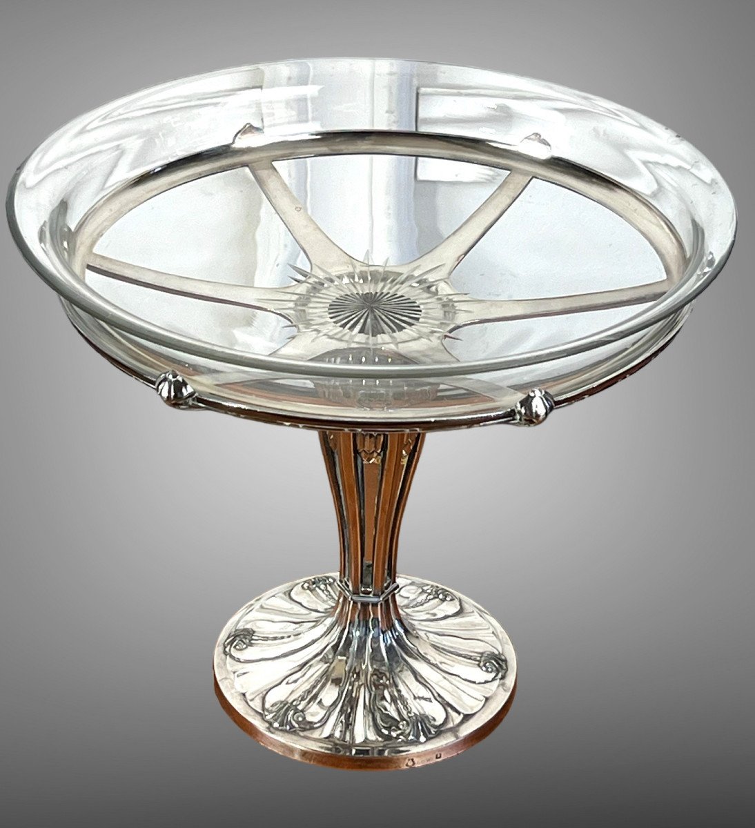 Coupe Sur Pied Art Deco En Metal Argenté Et Coupe En Cristal De Baccarat-photo-2